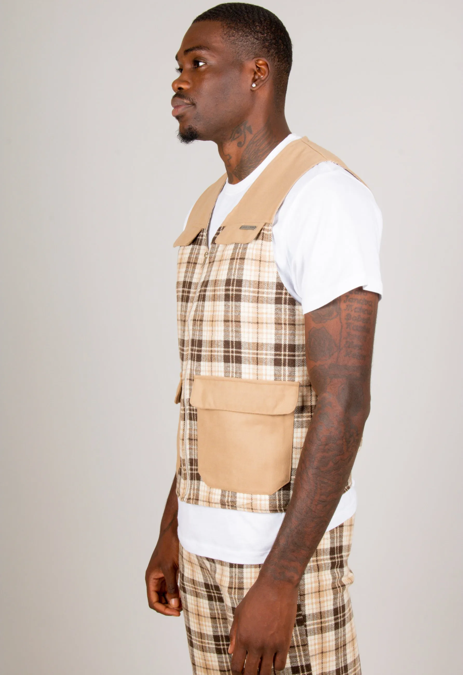 Tan Checked Utility Vest