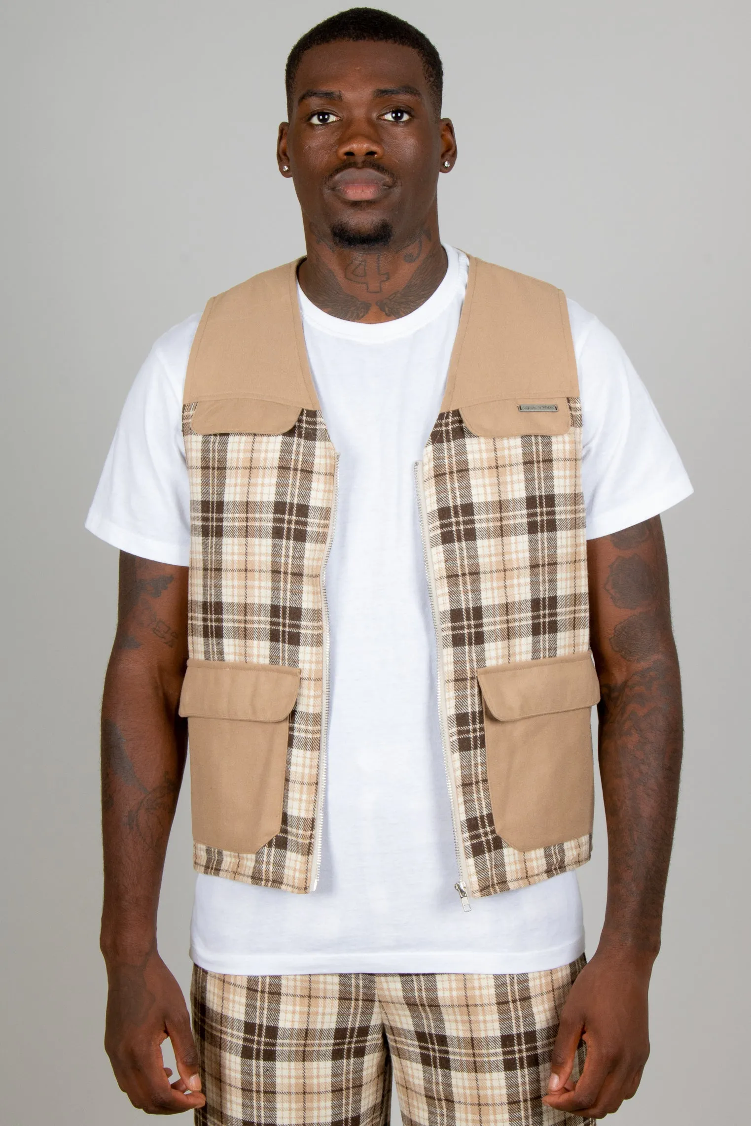 Tan Checked Utility Vest