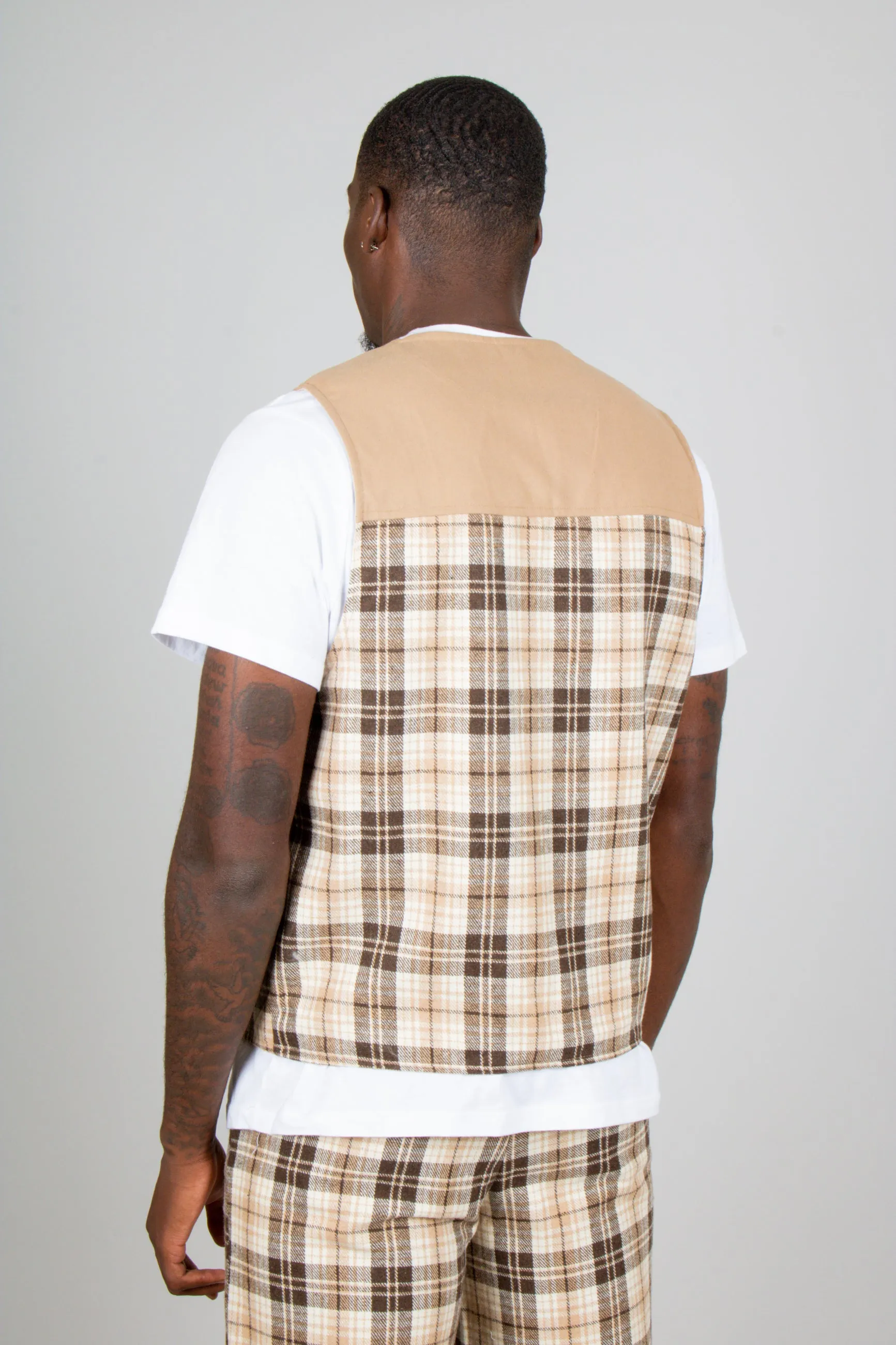 Tan Checked Utility Vest