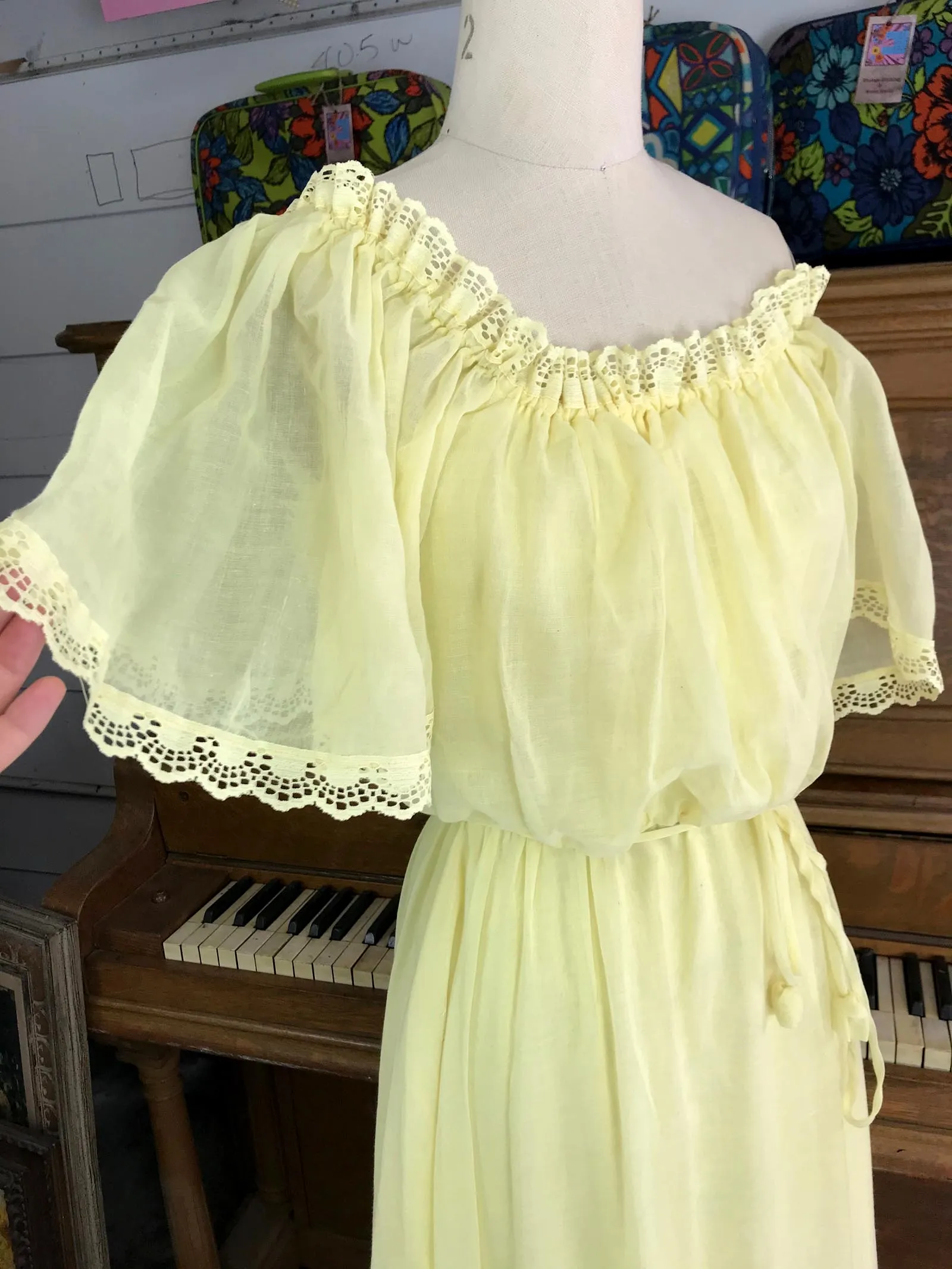 VTG 70s | Yellow Gunne Sax Style Festival Prairie Ruffle Boho Hippie Dress | S