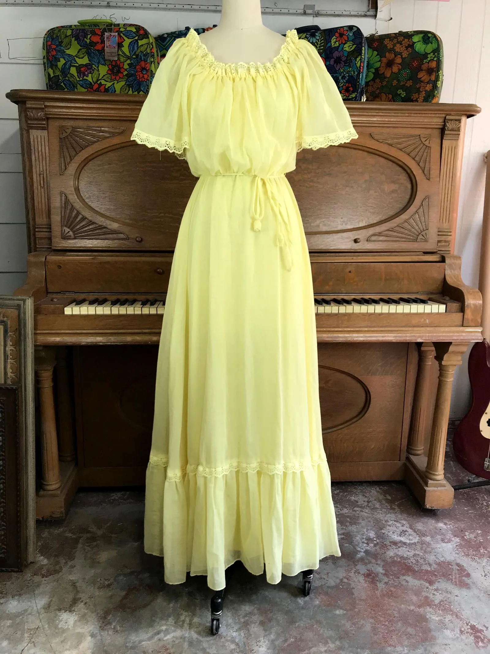 VTG 70s | Yellow Gunne Sax Style Festival Prairie Ruffle Boho Hippie Dress | S