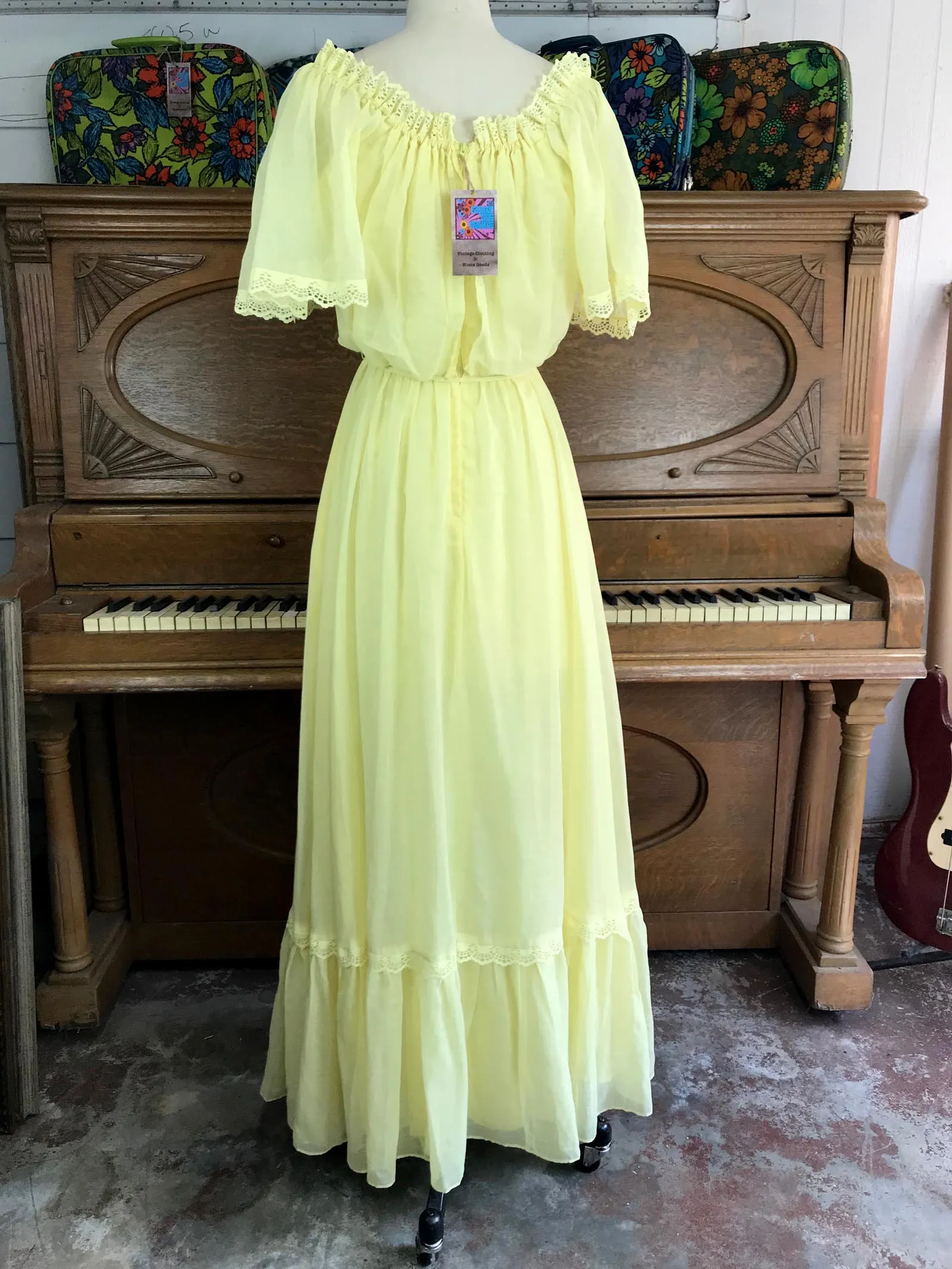 VTG 70s | Yellow Gunne Sax Style Festival Prairie Ruffle Boho Hippie Dress | S