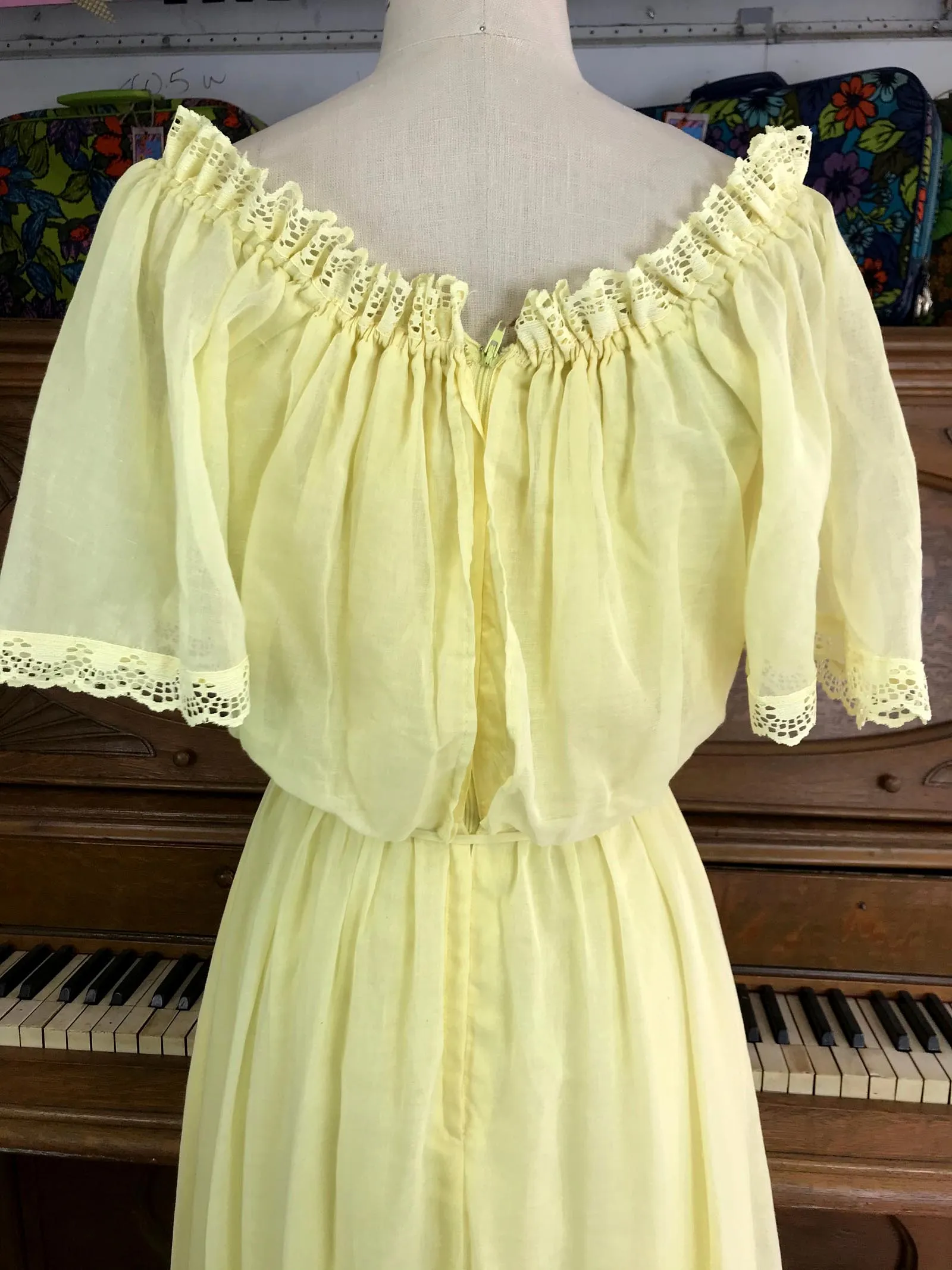 VTG 70s | Yellow Gunne Sax Style Festival Prairie Ruffle Boho Hippie Dress | S