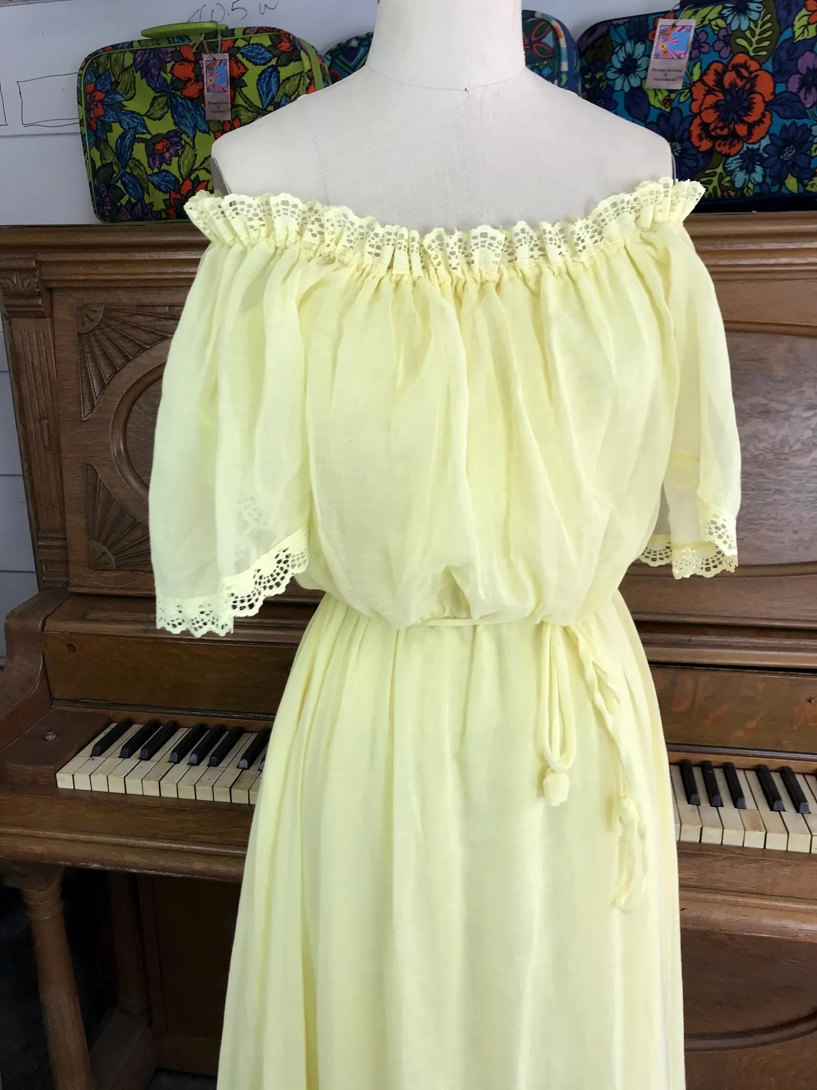 VTG 70s | Yellow Gunne Sax Style Festival Prairie Ruffle Boho Hippie Dress | S