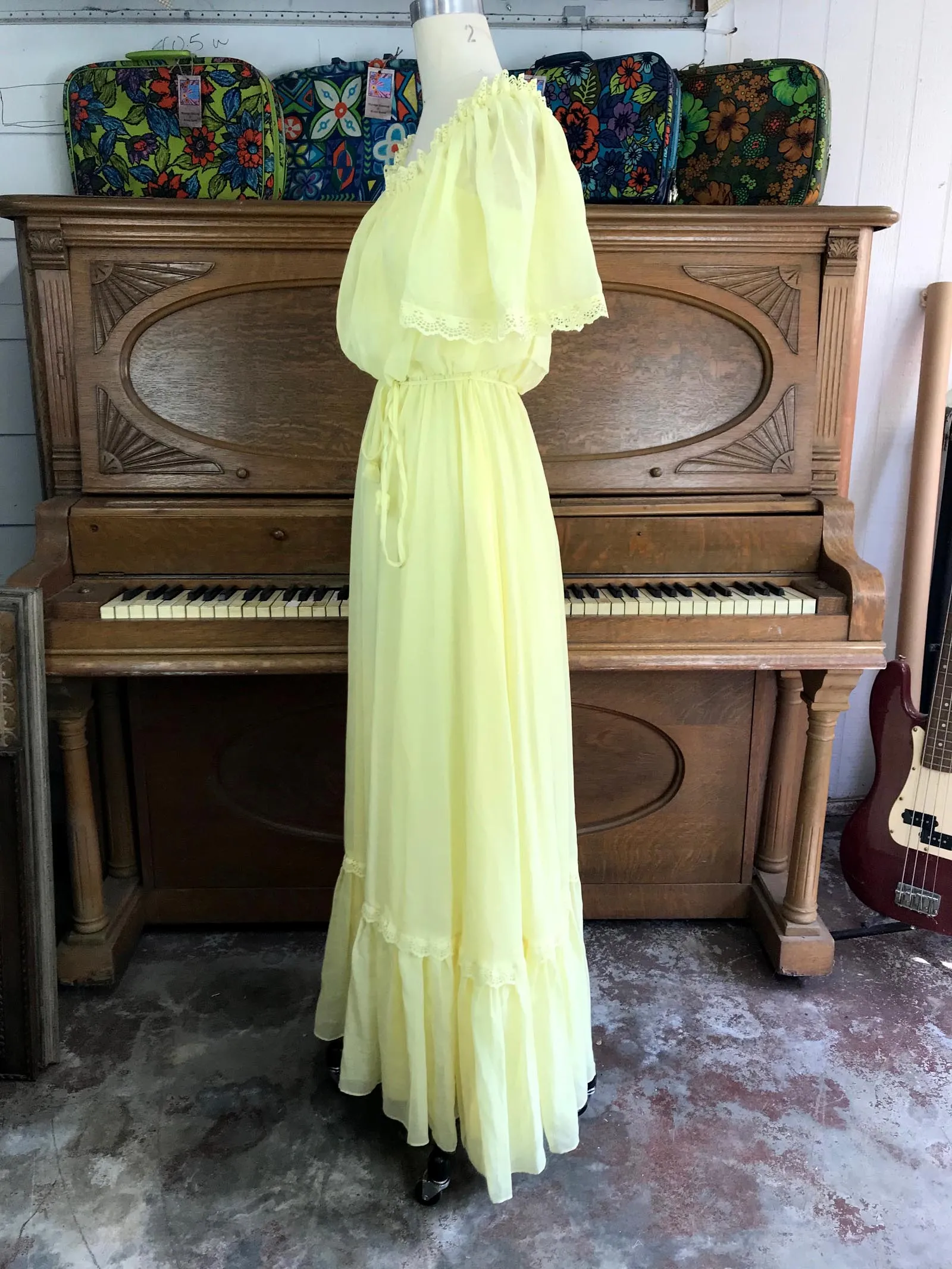 VTG 70s | Yellow Gunne Sax Style Festival Prairie Ruffle Boho Hippie Dress | S