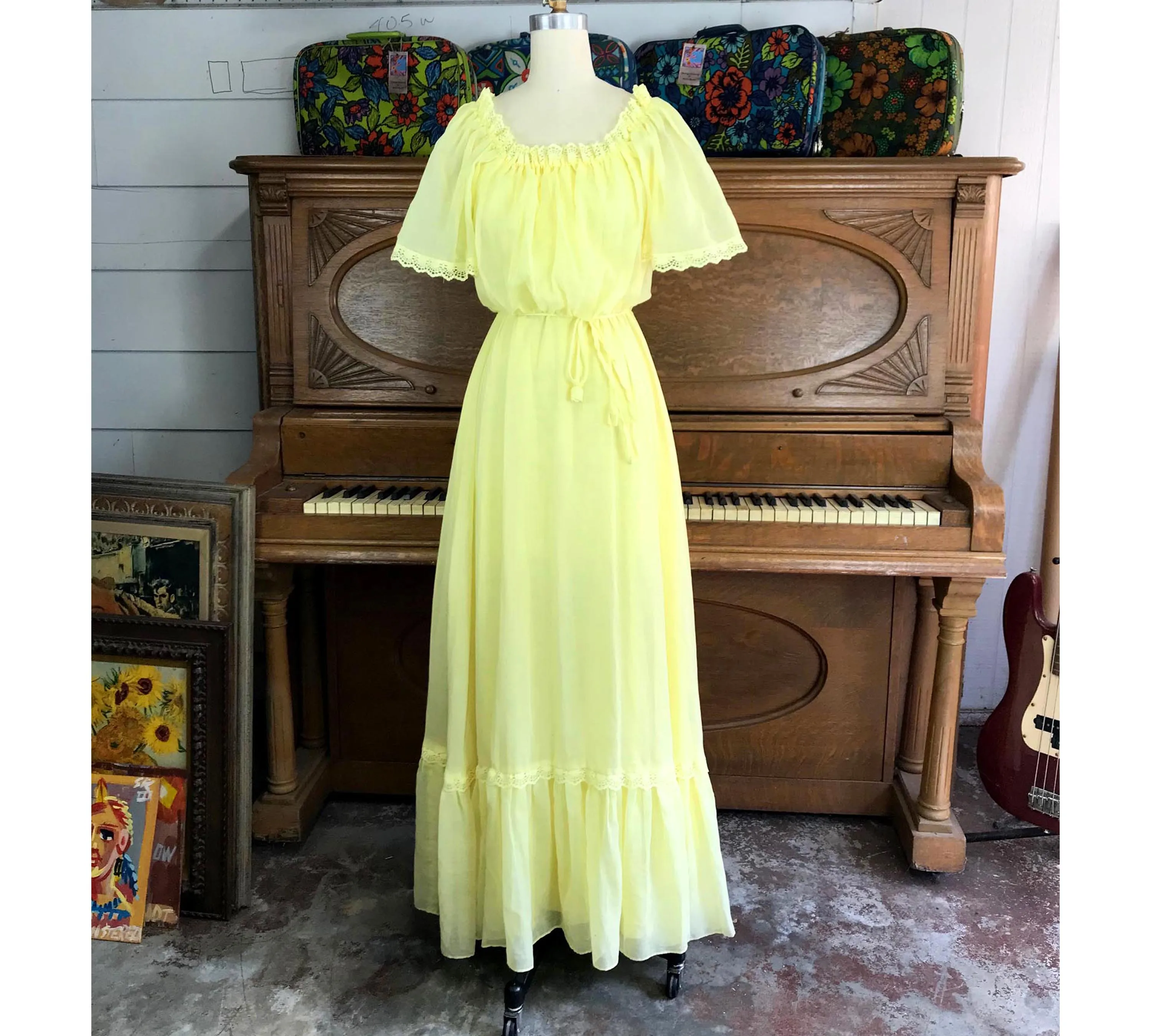 VTG 70s | Yellow Gunne Sax Style Festival Prairie Ruffle Boho Hippie Dress | S