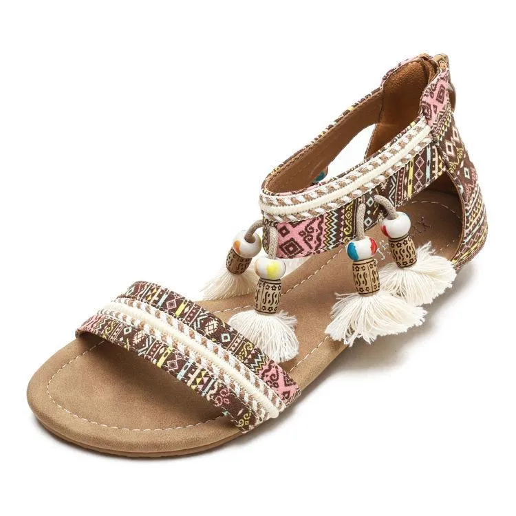 Women bohemian fringe travel holiday slip on flat sandals