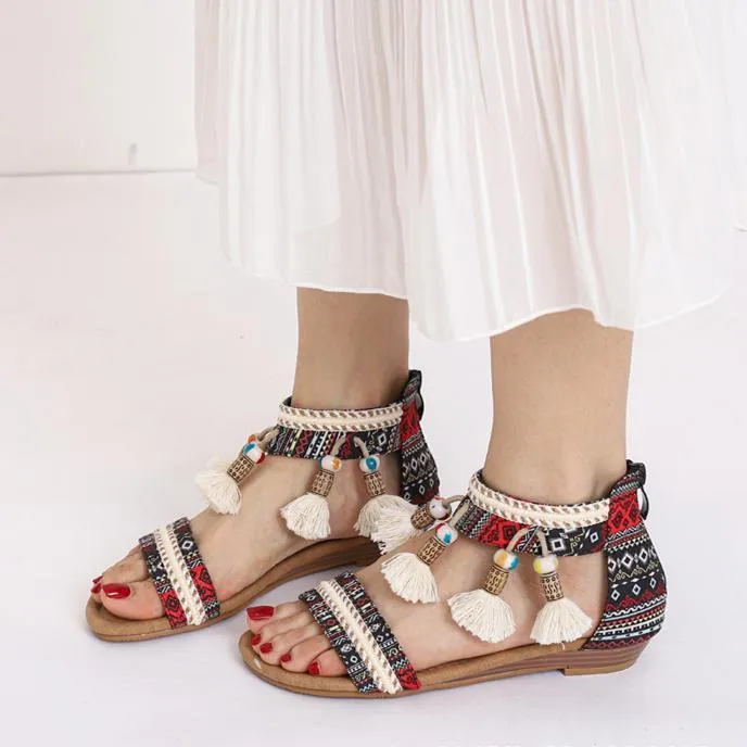 Women bohemian fringe travel holiday slip on flat sandals