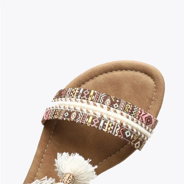 Women bohemian fringe travel holiday slip on flat sandals