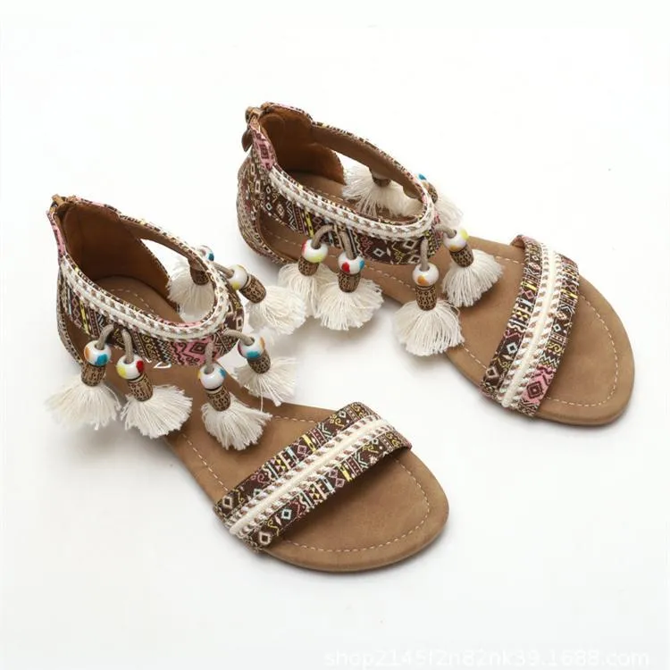 Women bohemian fringe travel holiday slip on flat sandals