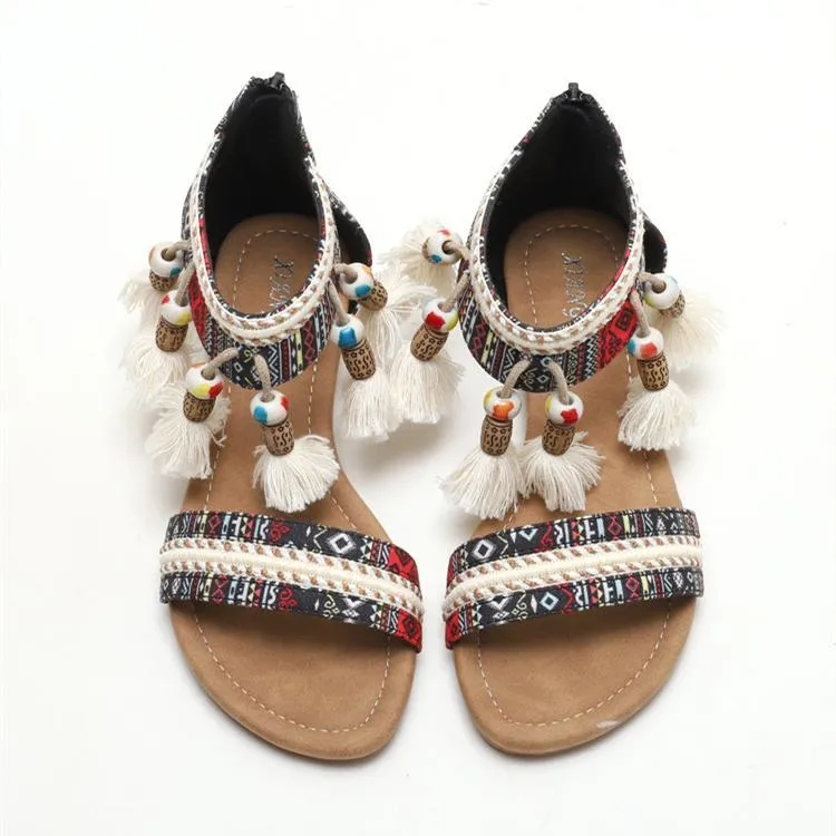 Women bohemian fringe travel holiday slip on flat sandals