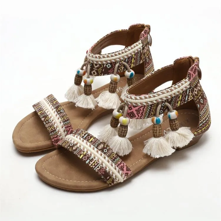 Women bohemian fringe travel holiday slip on flat sandals