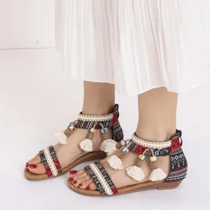 Women bohemian fringe travel holiday slip on flat sandals