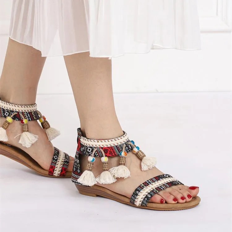 Women bohemian fringe travel holiday slip on flat sandals