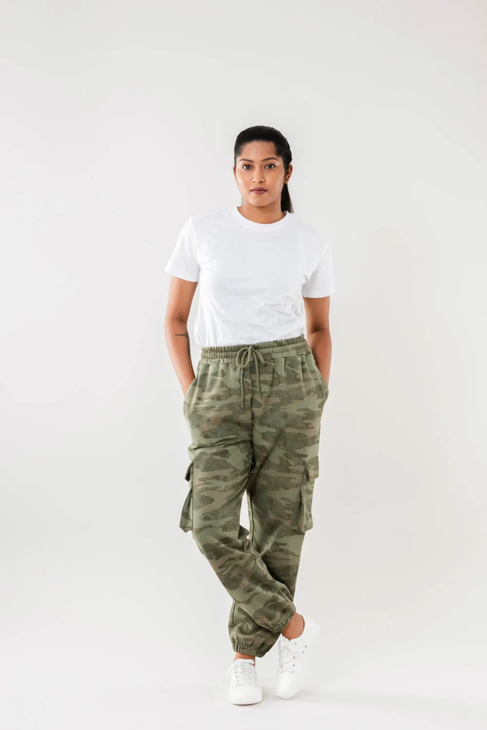 Women Green Camo Print Cargo Joggers