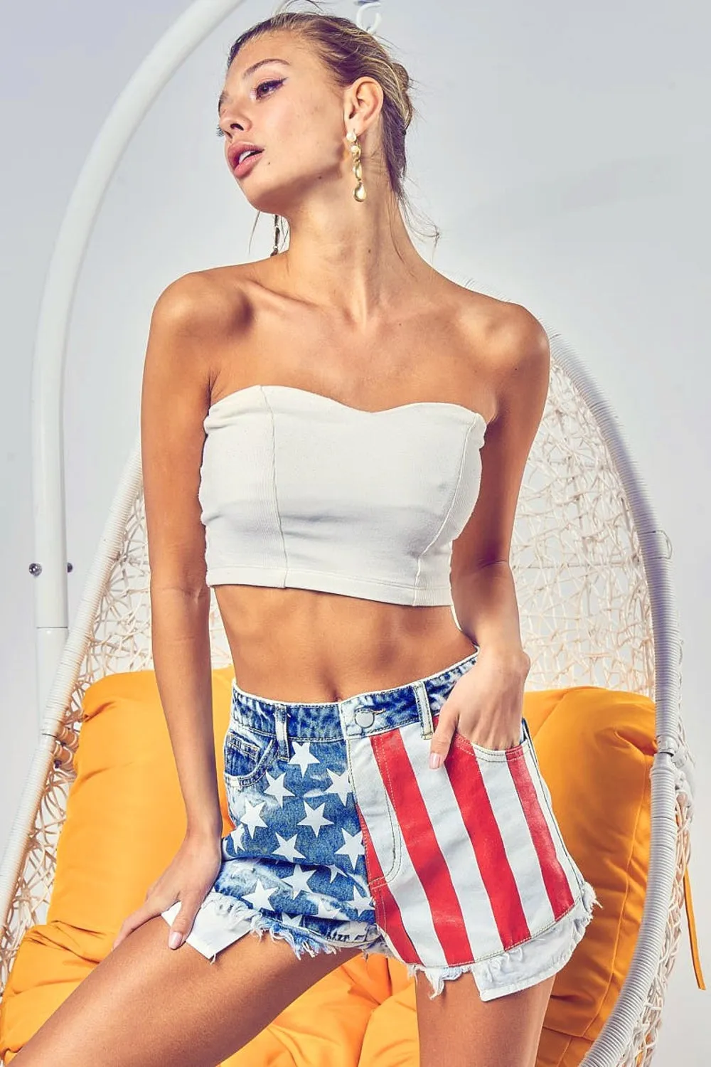 Women's BiBi US Flag Theme Bleached Denim Shorts