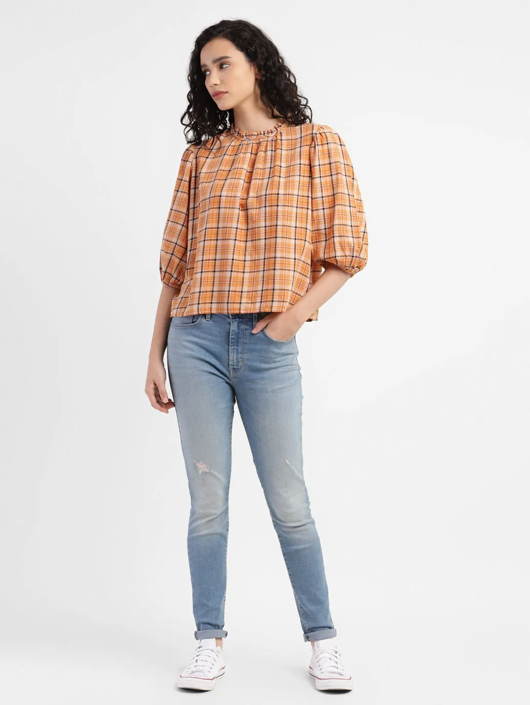 Women's Checkered Band Neck Top