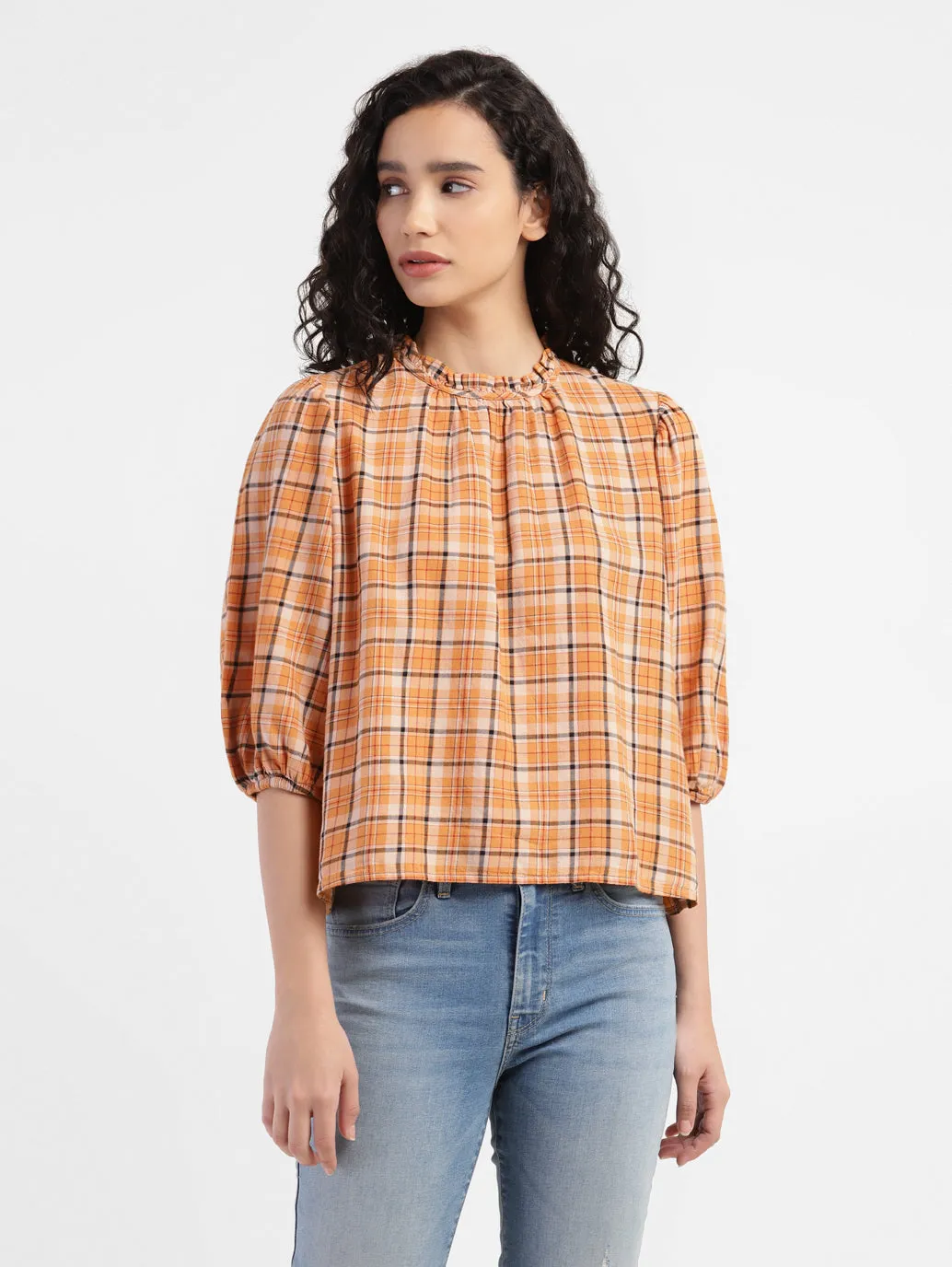 Women's Checkered Band Neck Top