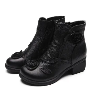 Womens Hand Sewn Floral Chunky Heel Leather Boots