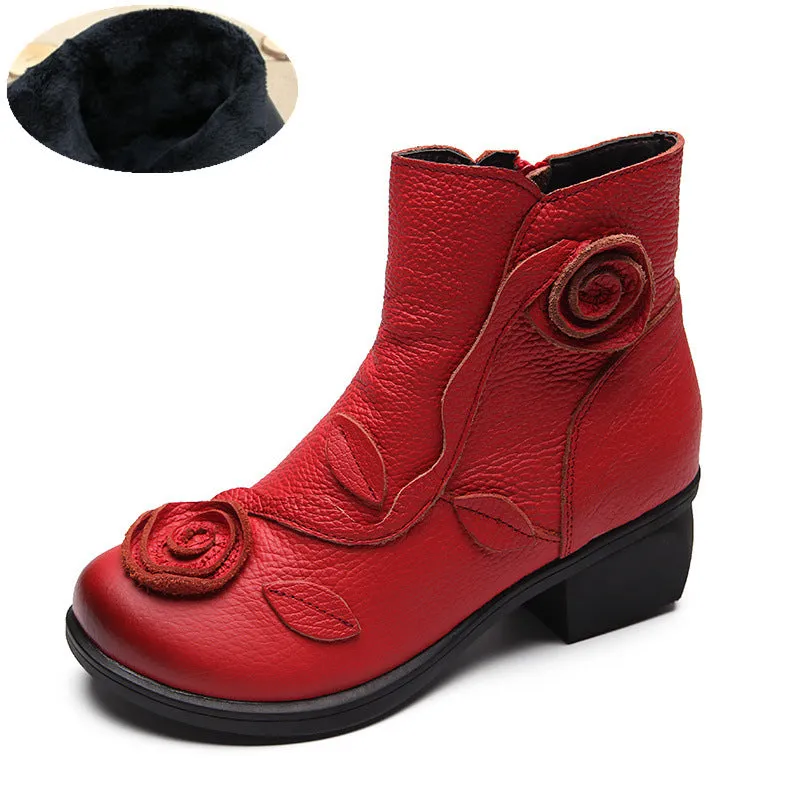 Womens Hand Sewn Floral Chunky Heel Leather Boots